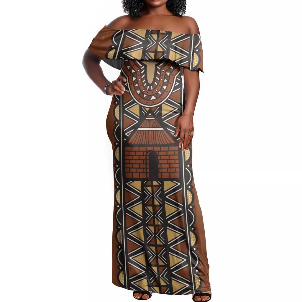 Mali Mud Cloth Village Legacy Off Shoulder Maxi Dress African Tribal Pattern - African Pride