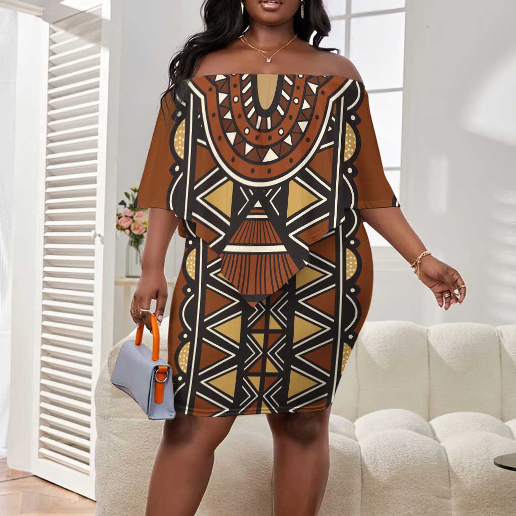 Mali Mud Cloth Village Legacy Off Shoulder Short Dress African Tribal Pattern - African Pride