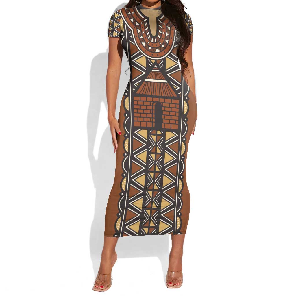 Mali Mud Cloth Village Legacy Short Sleeve Bodycon Dress African Tribal Pattern - African Pride