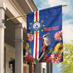 Personalised Cabo Verde Garden Flag Grey-Headed Kingfisher Mix Gerbera Daisy