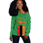 Personalised Afro Zambia Off Shoulder Sweater Flag Style Mix Kente Pattern