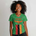 Personalised Afro Zambia Women V-Neck T-Shirt Flag Style Mix Kente Pattern
