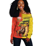 Afro Senegal Independence Day Off Shoulder Sweater 65th Anniversary - Kente Pattern