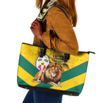 Happy Togo Independence Day Leather Tote Bag Lion With Coat Of Arms - Kente Pattern