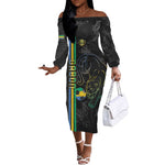 Custom Gabon Football Off The Shoulder Long Sleeve Dress Go Champions - Black Ver