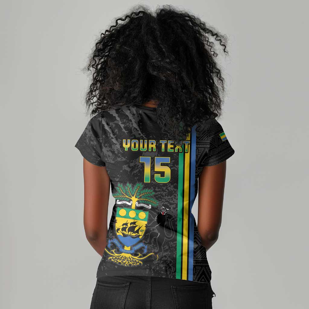 Custom Gabon Football Women V-Neck T-Shirt Go Champions - Black Ver