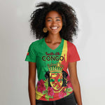 Personalized Congo-Brazzaville National Day Women V-Neck T-Shirt Coat Of Arms With Map - African Pride