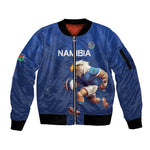 Namibia Rugby Custom Sleeve Zip Bomber Jacket Eagle Mascot - Sporty Style