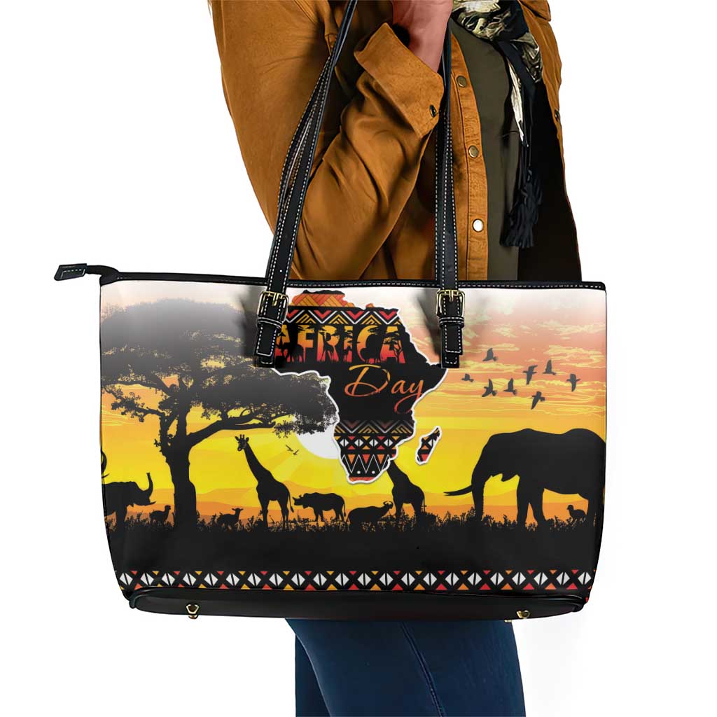 Africa Day Leather Tote Bag Safari With Map - African Pattern