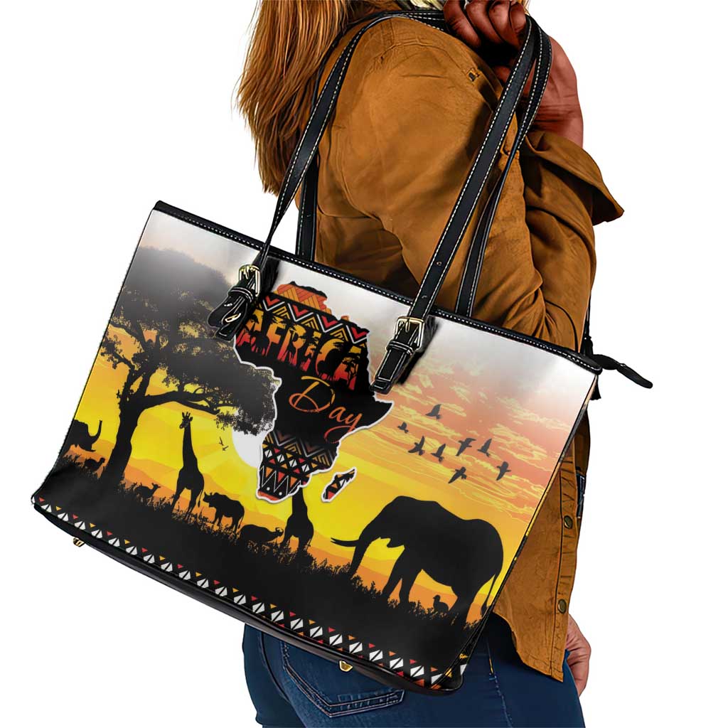 Africa Day Leather Tote Bag Safari With Map - African Pattern