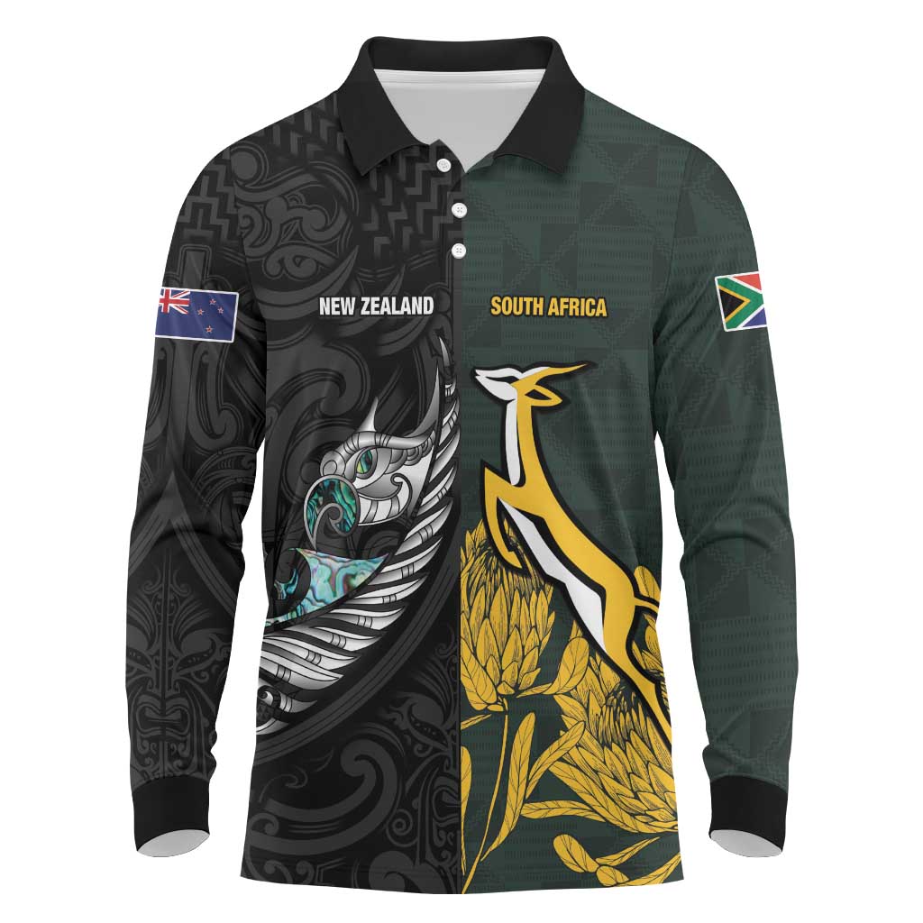 New Zealand vs South Africa Rugby Custom Long Sleeve Polo Shirt Maori - African Pattern