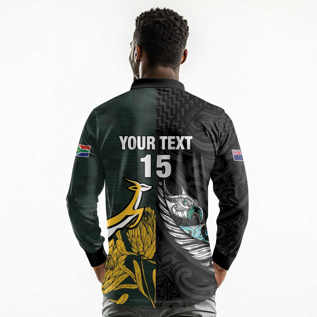New Zealand vs South Africa Rugby Custom Long Sleeve Polo Shirt Maori - African Pattern