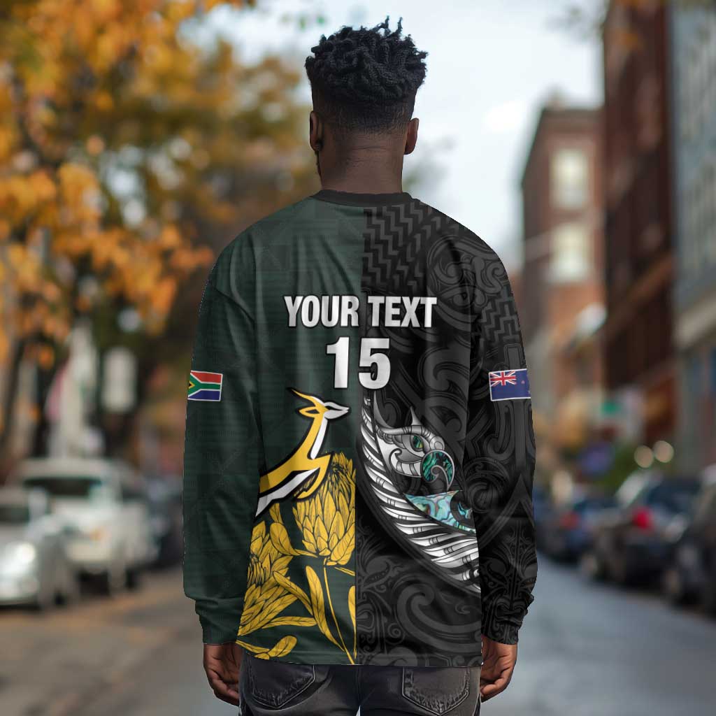 New Zealand vs South Africa Rugby Custom Long Sleeve Shirt Maori - African Pattern