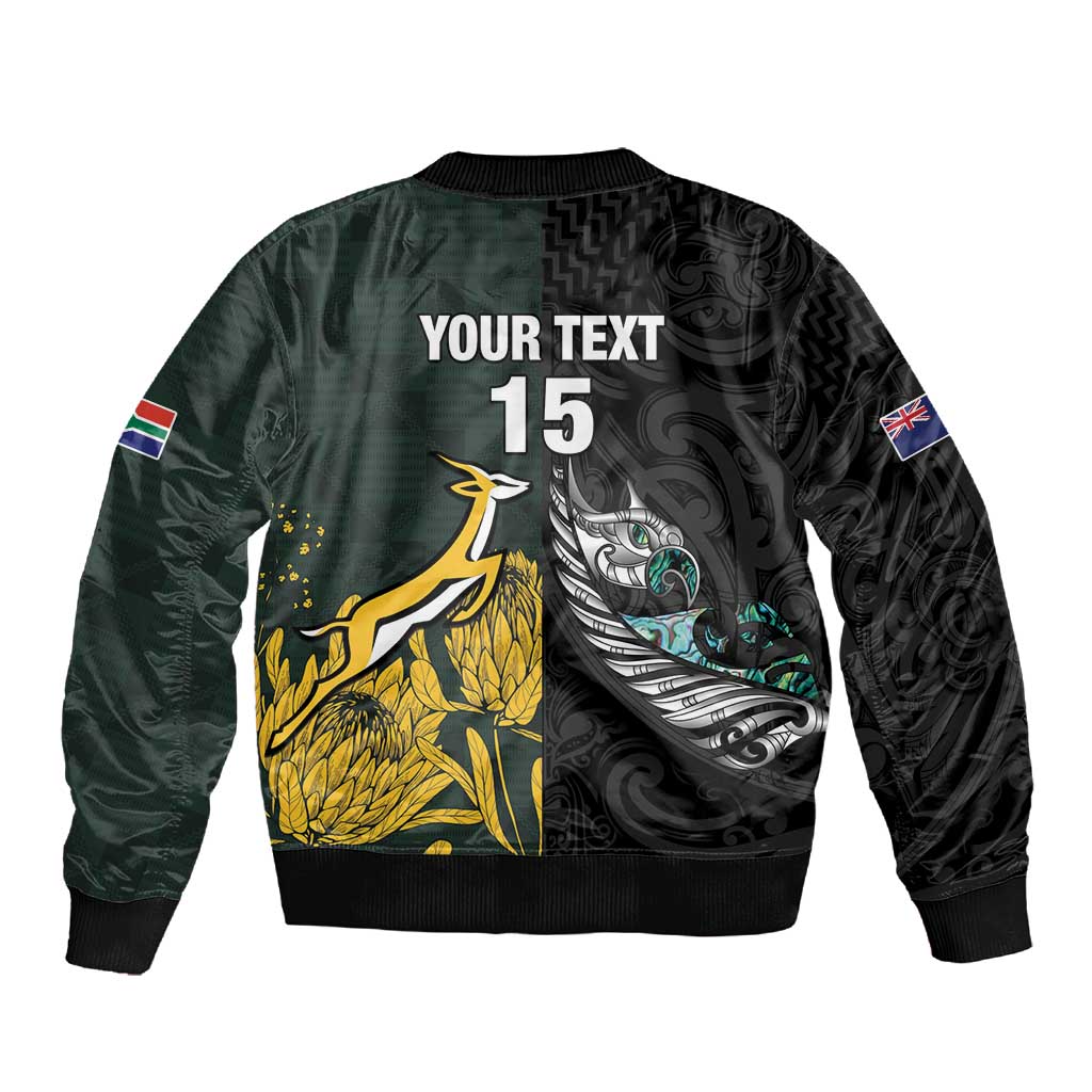New Zealand vs South Africa Rugby Custom Sleeve Zip Bomber Jacket Maori - African Pattern