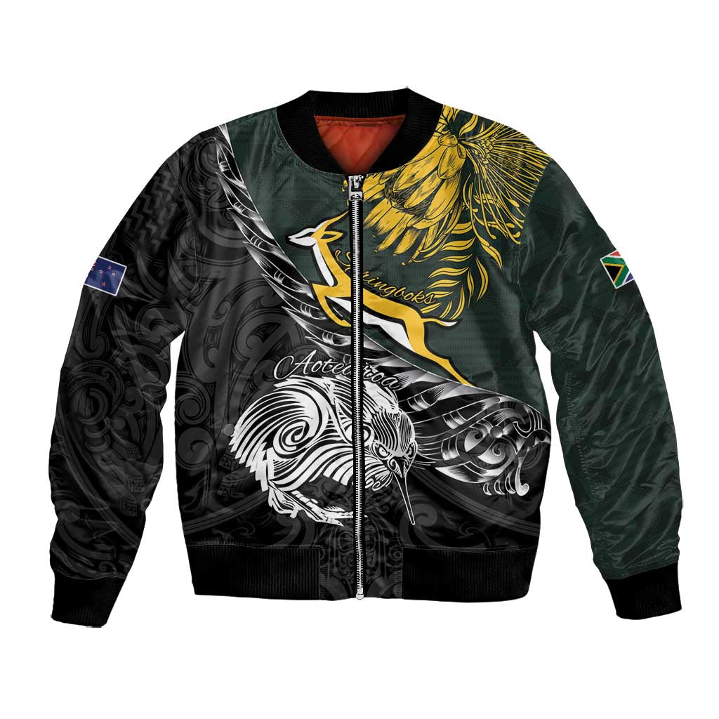 New Zealand vs South Africa Rugby Personalised Bomber Jacket Maori Kiwi With Springboks