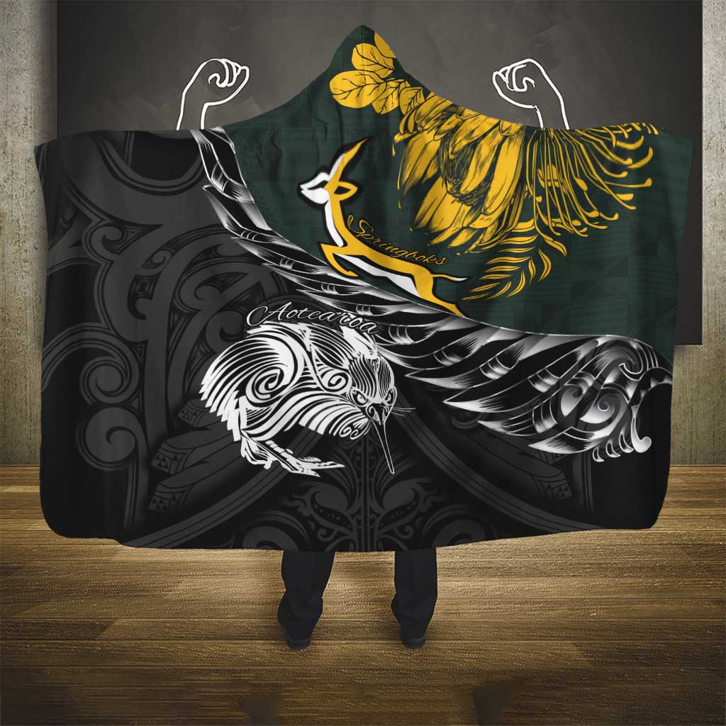 New Zealand vs South Africa Rugby Hooded Blanket Maori Kiwi With Springboks