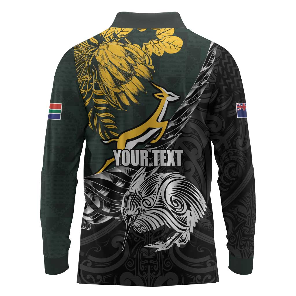 New Zealand vs South Africa Rugby Personalised Long Sleeve Polo Shirt Maori Kiwi With Springboks