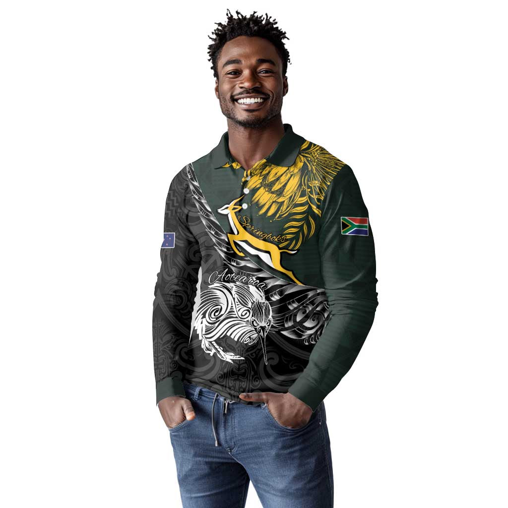 New Zealand vs South Africa Rugby Personalised Long Sleeve Polo Shirt Maori Kiwi With Springboks