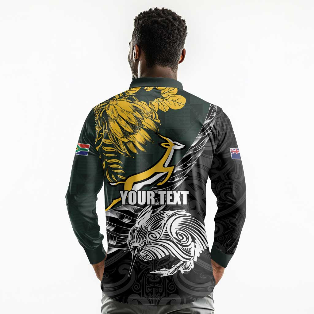 New Zealand vs South Africa Rugby Personalised Long Sleeve Polo Shirt Maori Kiwi With Springboks