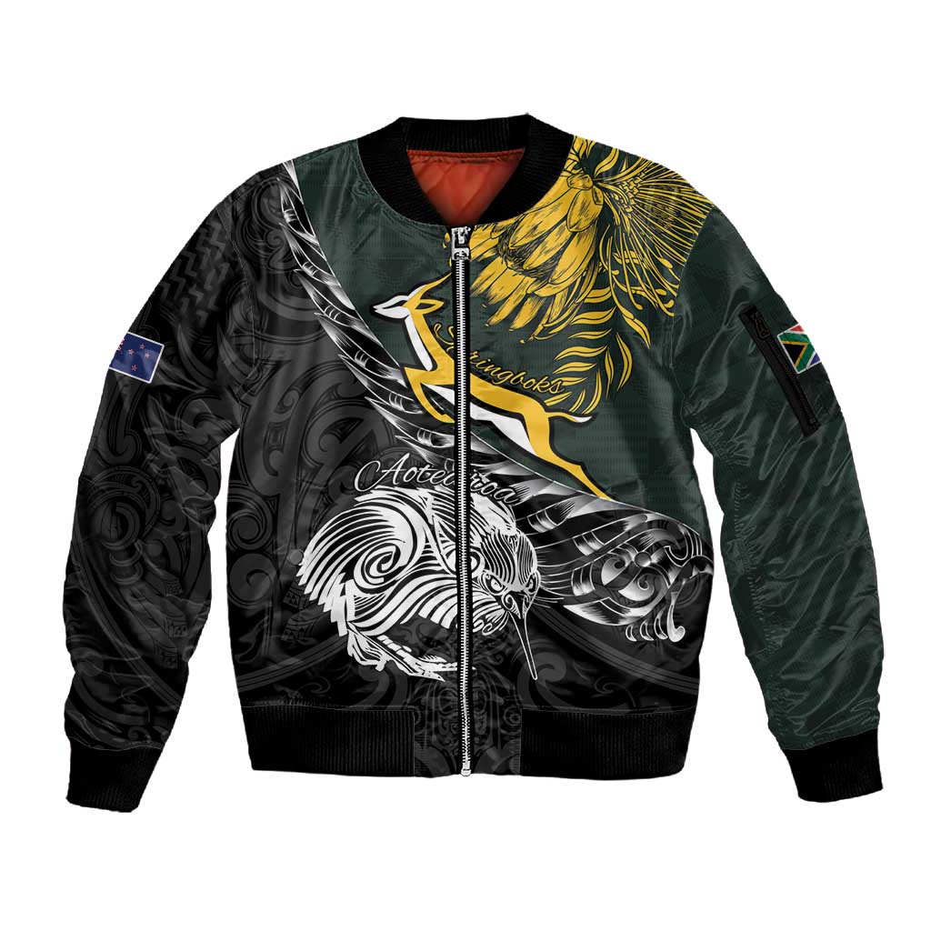 New Zealand vs South Africa Rugby Personalised Sleeve Zip Bomber Jacket Maori Kiwi With Springboks