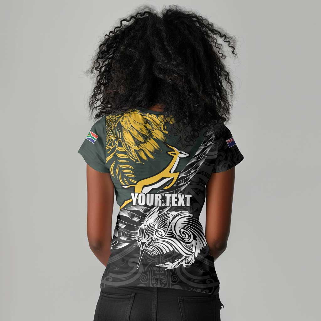 New Zealand vs South Africa Rugby Personalised Women V-Neck T-Shirt Maori Kiwi With Springboks