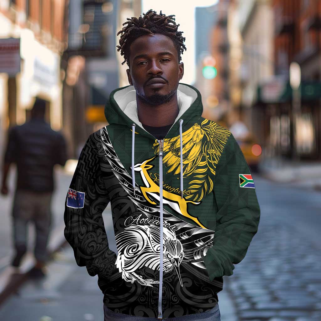 New Zealand vs South Africa Rugby Personalised Zip Hoodie Maori Kiwi With Springboks