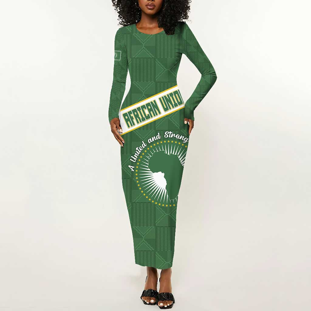 Personalized African Union Day Long Sleeve Bodycon Dress Emblem With Kente Pattern - African Pride
