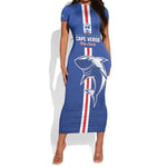Custom Cape Verde Football Short Sleeve Bodycon Dress Go Champions Tubaroes Azuis - African Pride