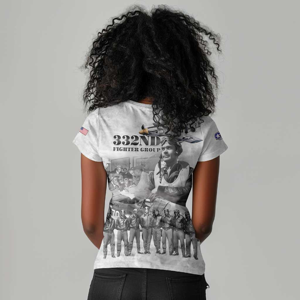 Legends of the Red Tails Women V-Neck T-Shirt Freedom Flyers Retro Style - African Pride