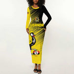 Uganda Football Custom Long Sleeve Bodycon Dress African Pattern Mix Grunge Style - Yellow Color LT15