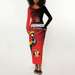 Uganda Football Custom Long Sleeve Bodycon Dress African Pattern Mix Grunge Style - Red Color LT15