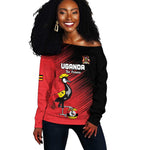Uganda Football Custom Off Shoulder Sweater African Pattern Mix Grunge Style - Red Color