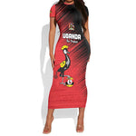 Uganda Football Custom Short Sleeve Bodycon Dress African Pattern Mix Grunge Style - Red Color LT15