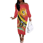 Personalised Afro Uganda Off The Shoulder Long Sleeve Dress Black Crowned Crane With Coat Of Arms