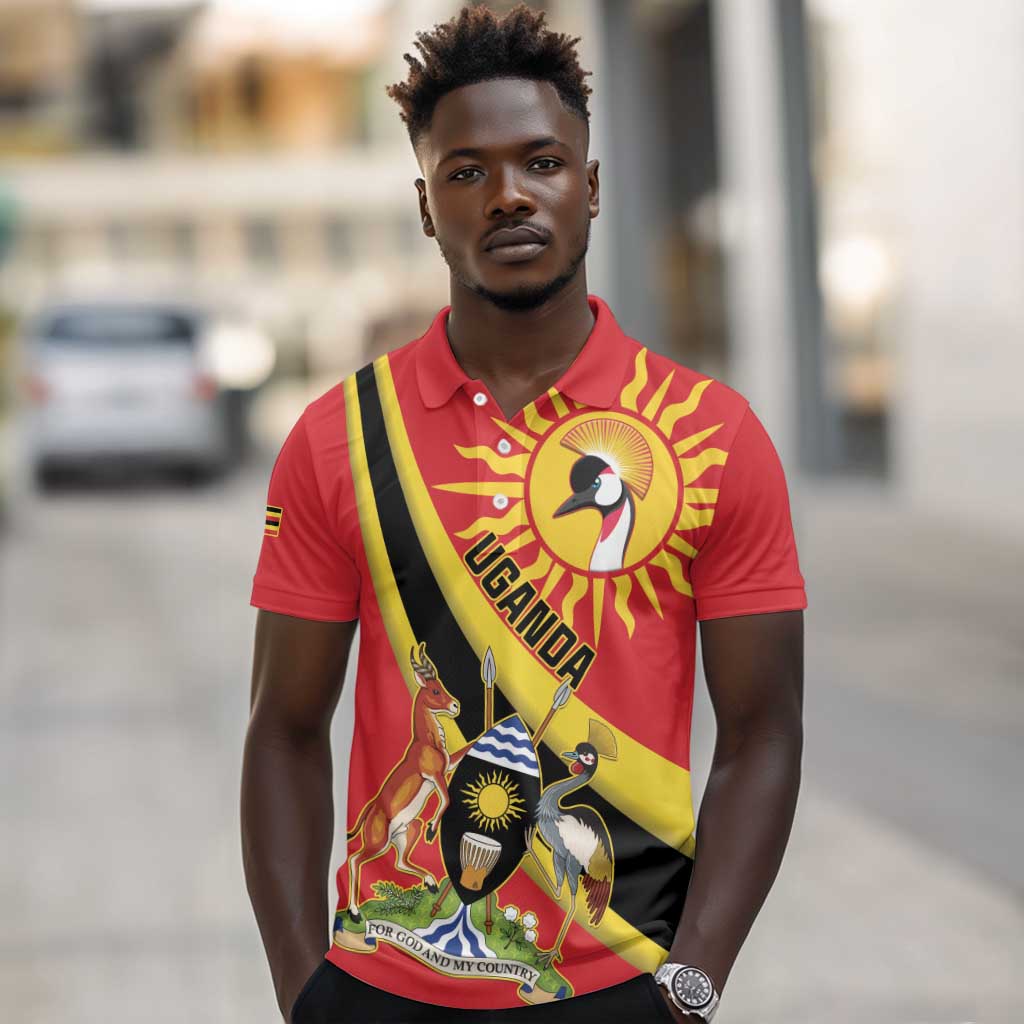Personalised Afro Uganda Polo Shirt Black Crowned Crane With Coat Of Arms