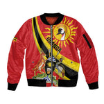 Personalised Afro Uganda Sleeve Zip Bomber Jacket Black Crowned Crane With Coat Of Arms