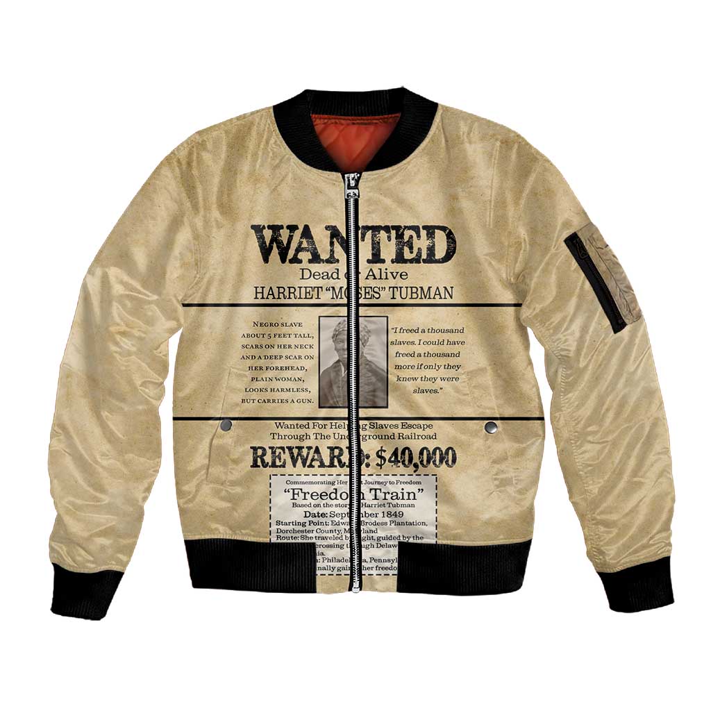 Harriet Tubman Freedom Sleeve Zip Bomber Jacket Vintage Wanted Poster Style - African Pride