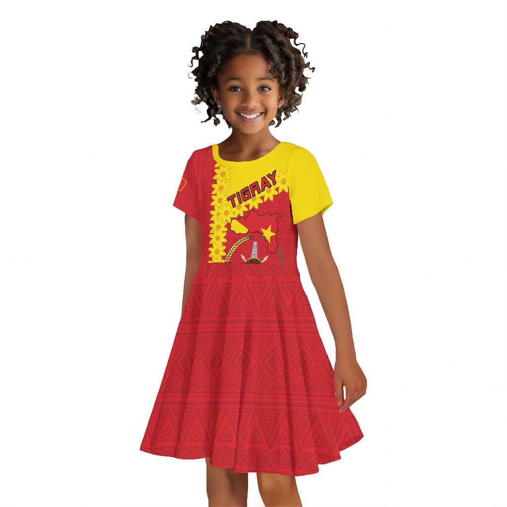Tigray Ethiopia Kid Short Sleeve Dress Tigray Seal With Flag Map - African Pattern