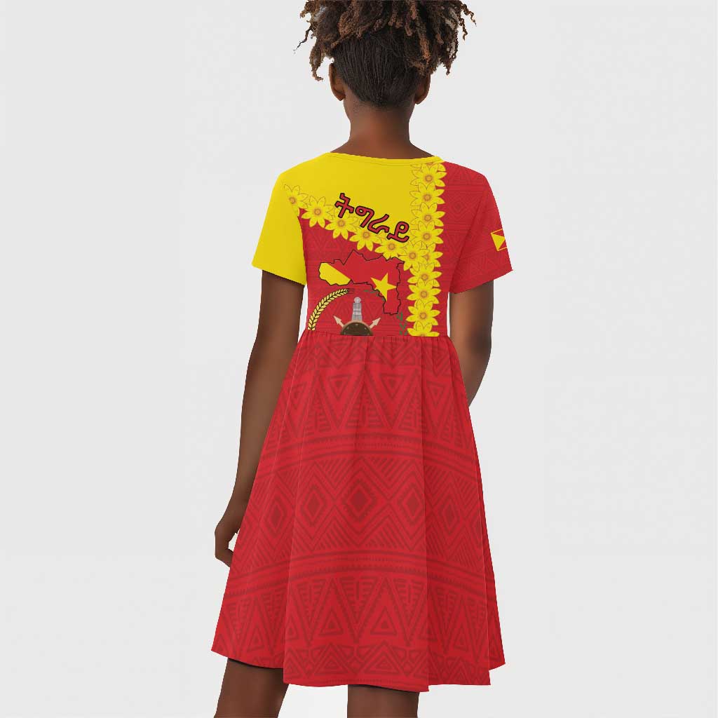 Tigray Ethiopia Kid Short Sleeve Dress Tigray Seal With Flag Map - African Pattern
