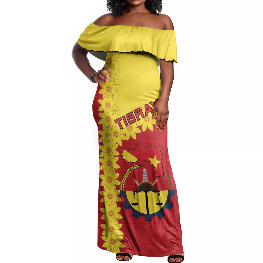 Tigray Ethiopia Off Shoulder Maxi Dress Tigray Seal With Flag Map - African Pattern