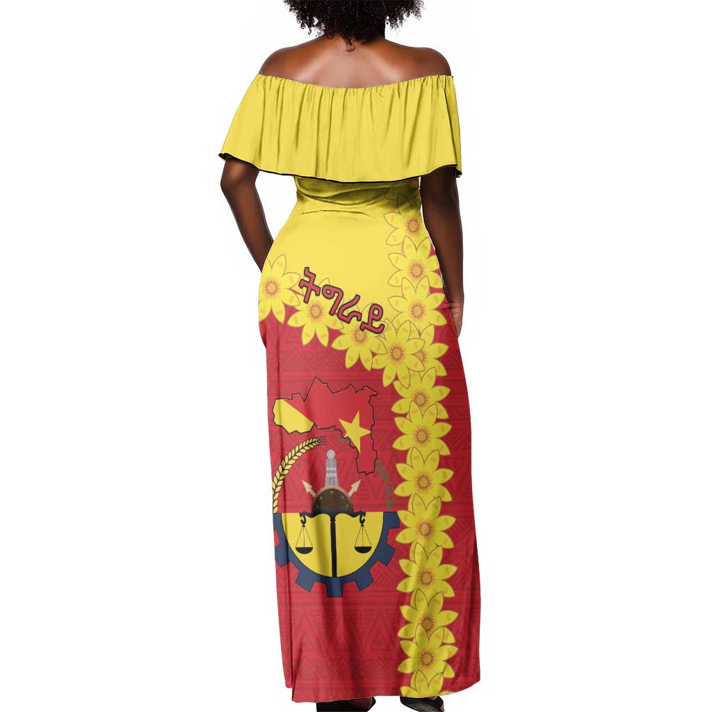 Tigray Ethiopia Off Shoulder Maxi Dress Tigray Seal With Flag Map - African Pattern