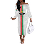 Personalized Burkina Faso Off The Shoulder Long Sleeve Dress Striped White - Bogolan Pattern - African Pride