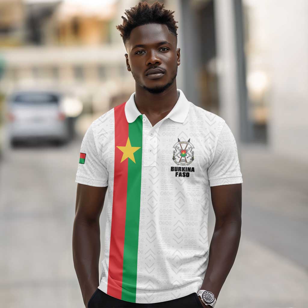 Personalized Burkina Faso Polo Shirt Striped White - Bogolan Pattern - African Pride