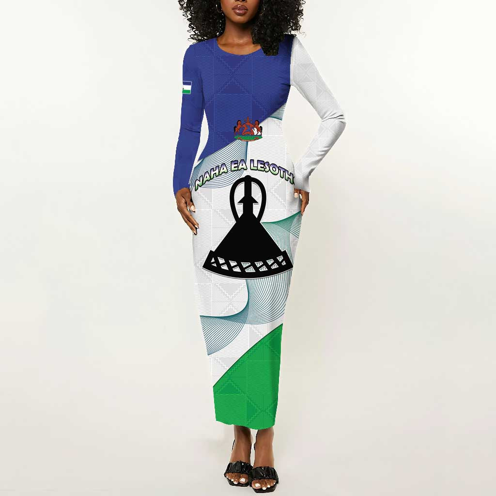 Personalized Naha ea Lesotho Long Sleeve Bodycon Dress Coat Of Arms With Kente Pattern - African Pride