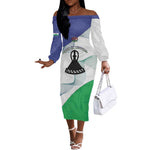 Personalized Naha ea Lesotho Off The Shoulder Long Sleeve Dress Coat Of Arms With Kente Pattern - African Pride