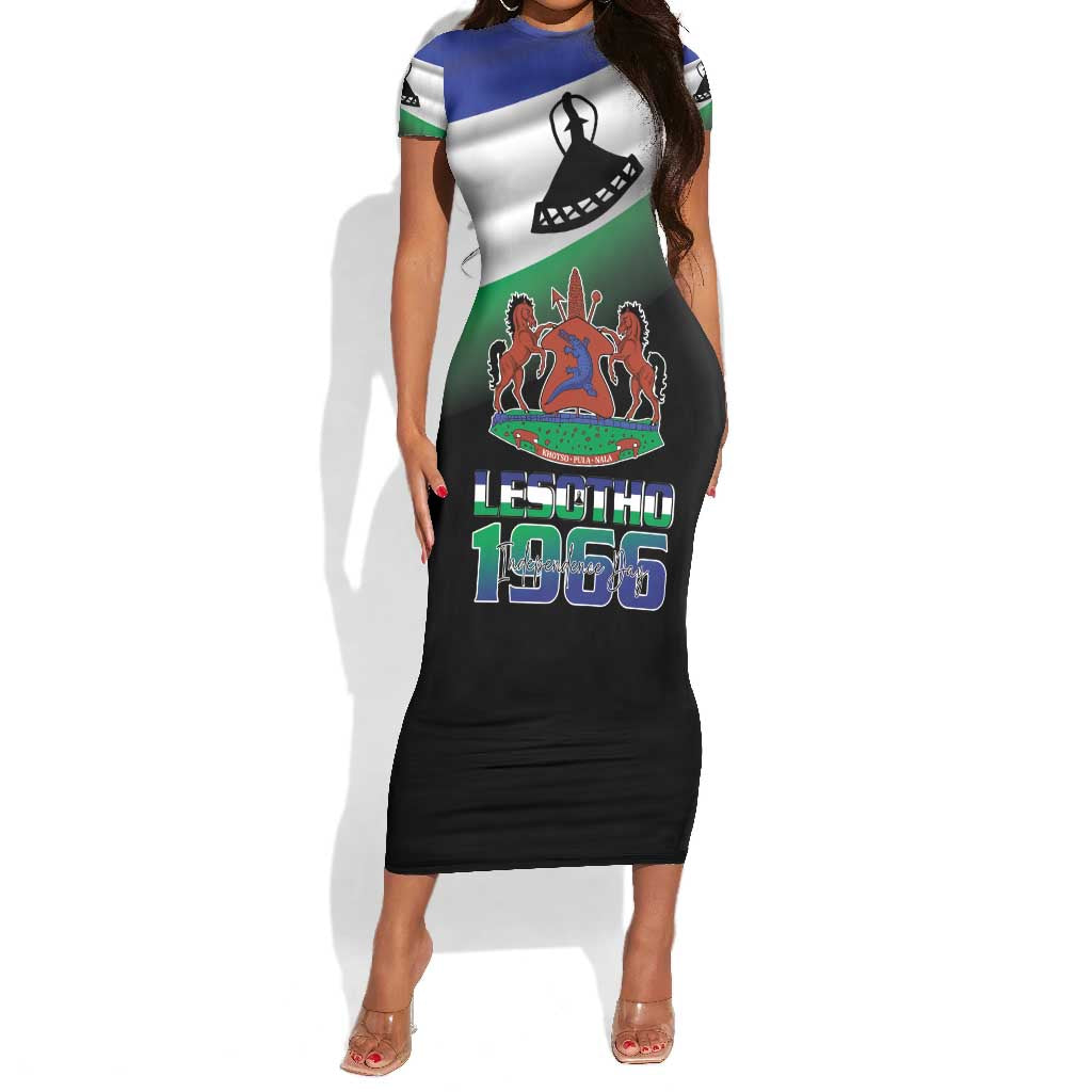 Happy Lesotho Independence Day Short Sleeve Bodycon Dress Khotso Pula Nala - African Pride