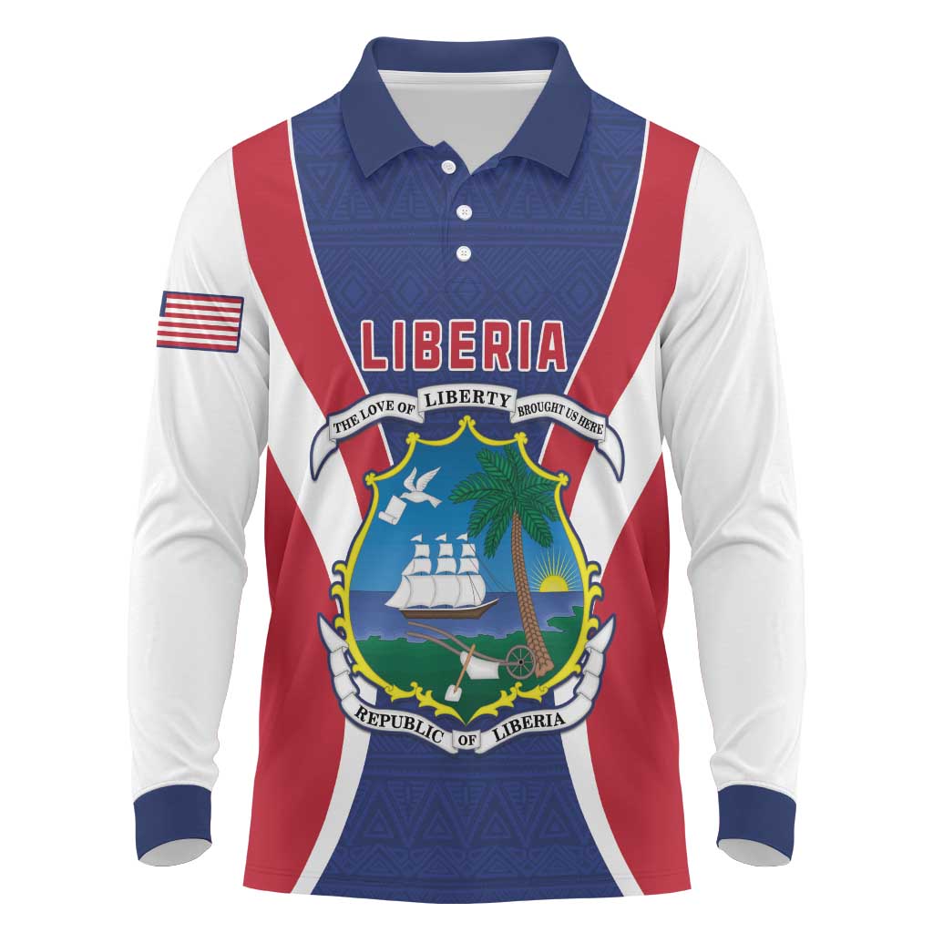 Personalised Afro Liberia Long Sleeve Polo Shirt Coat Of Arms With Flag Map - African Pattern