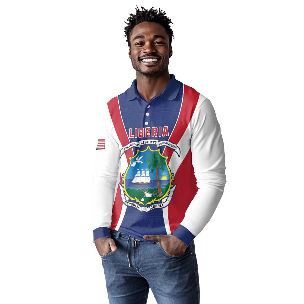 Personalised Afro Liberia Long Sleeve Polo Shirt Coat Of Arms With Flag Map - African Pattern
