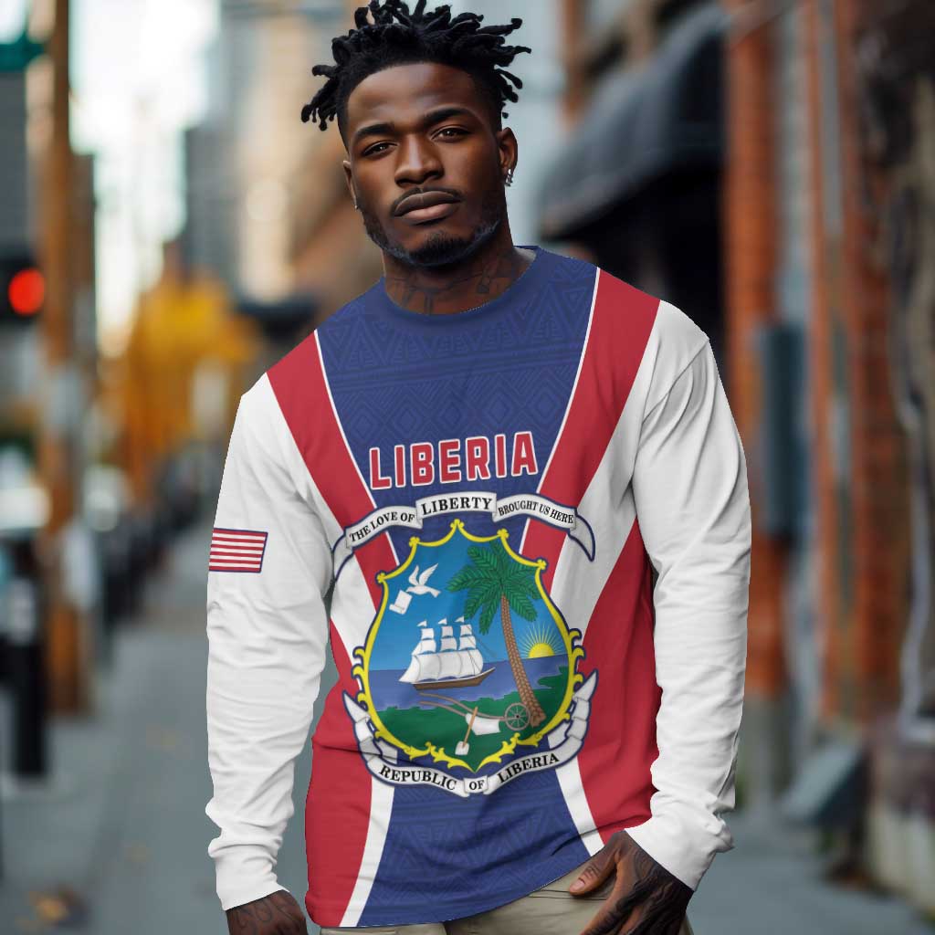 Personalised Afro Liberia Long Sleeve Shirt Coat Of Arms With Flag Map - African Pattern