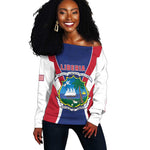 Personalised Afro Liberia Off Shoulder Sweater Coat Of Arms With Flag Map - African Pattern